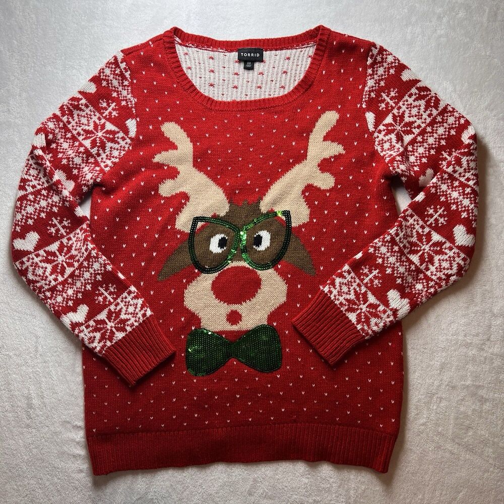 Torrid Ugly Red Christmas Holiday Sweater Reindeer Glasses Bow Tie Size 00